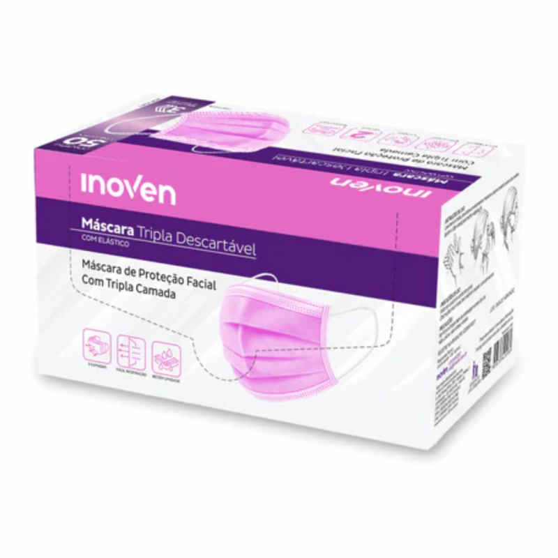 Máscara Cirúrgica Tripla Rosa Com Elástico 50un - Inoven