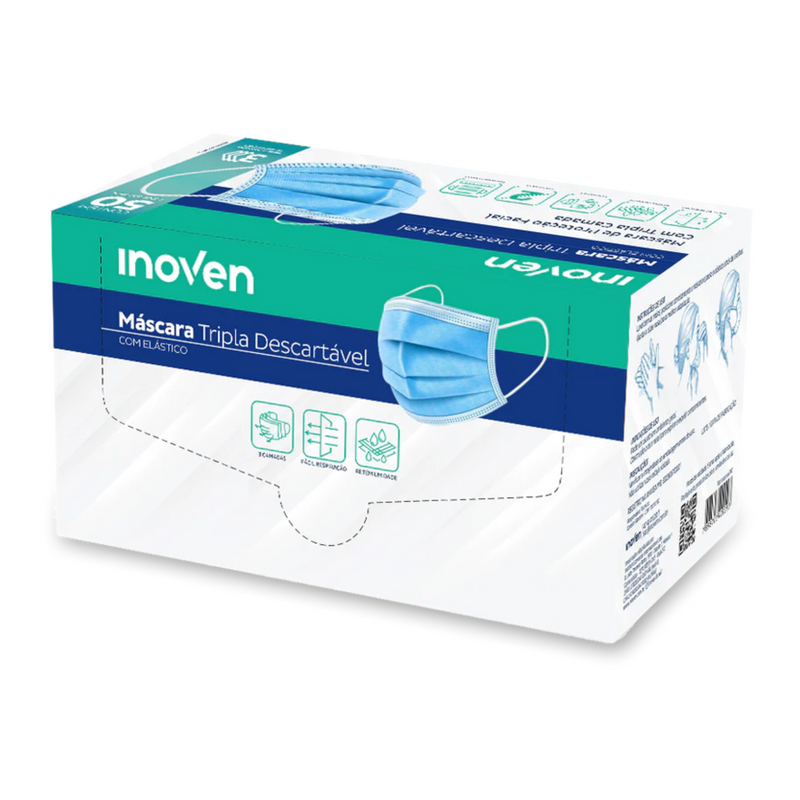 Máscara Cirúrgica Tripla Azul Com Elástico 50un - Inoven