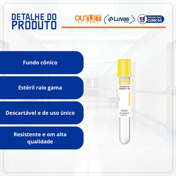 Tubo Ativo de Coagulo Com Gel 3,5ml 13x75mm Tampa Amarela 100un  - Medix