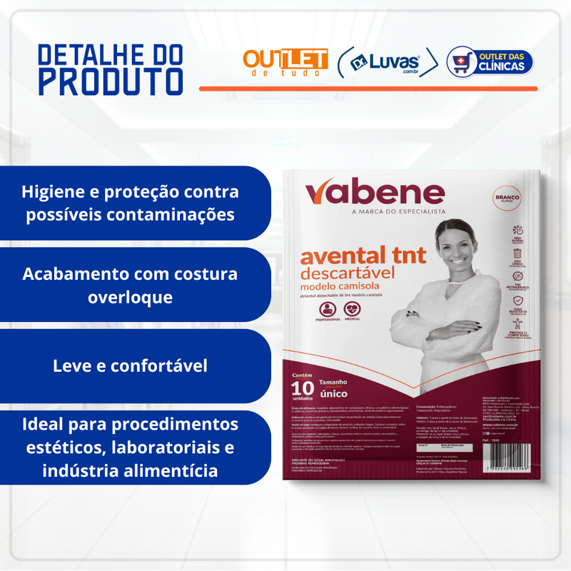 Avental Descartável Manga Longa Branco 10un - Vabene