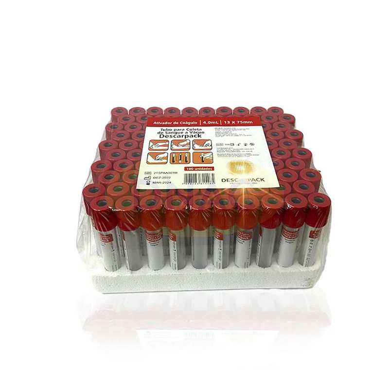 Tubo Para Coleta de Sangue Soro 4ml Tampa Vermelho 100un - Descarpack