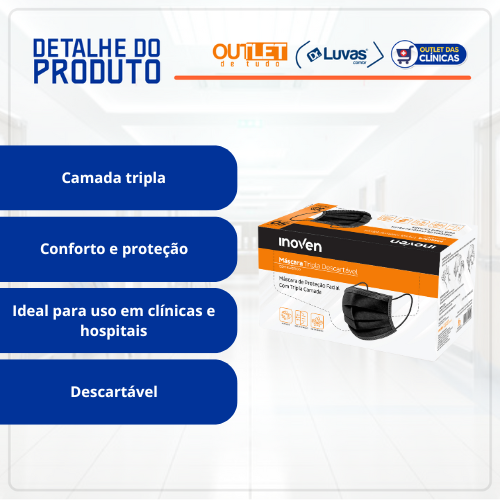 Máscara Cirúrgica Tripla Preta Com Elástico 50un - Inoven