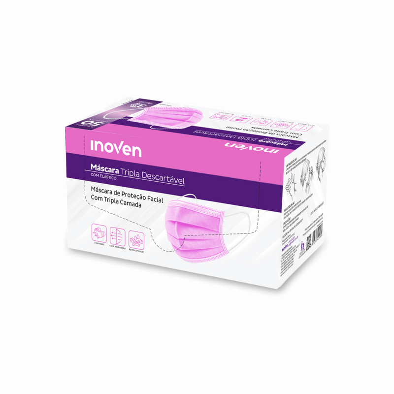 Máscara Cirúrgica Tripla Rosa Com Elástico 50un - Inoven