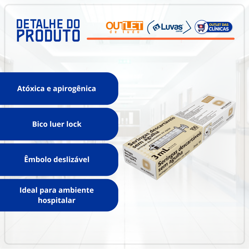 Seringa Descartável 3ml Luer Lock 100un- Descarpack