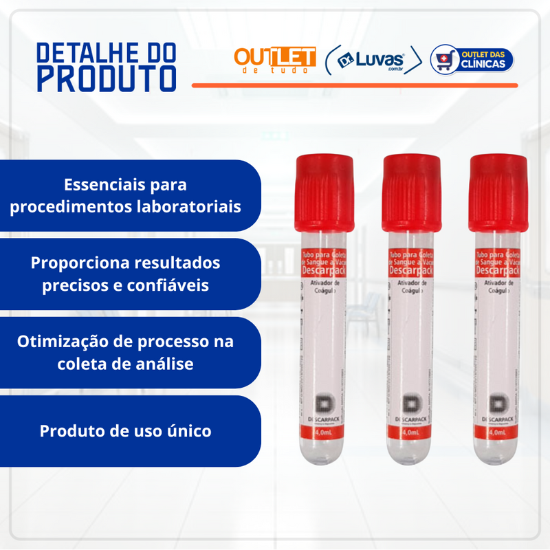 Tubo Para Coleta de Sangue Soro 4ml Tampa Vermelho 100un - Descarpack