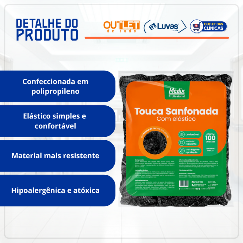 Touca Descartável Com Elástico Preto 100un - Medix