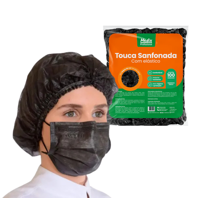 Touca Descartável Com Elástico Preto 100un - Medix