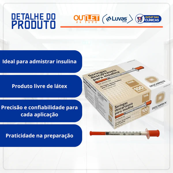 Seringa De Insulina Com Agulha Fixa 1ml 8x0,30mm 100un - Descarpack