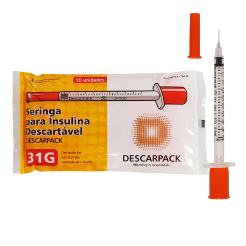 Seringa De Insulina Com Agulha Fixa 1ml 8x0,30mm 10un - Descarpack