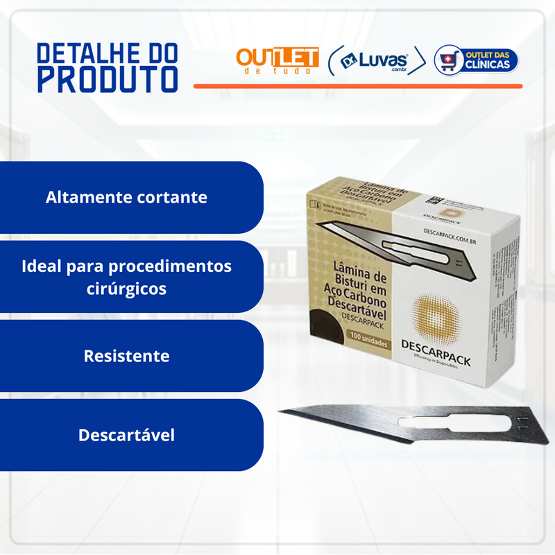 Lâmina de Bisturi Aço Carbono 100un - Descarpack