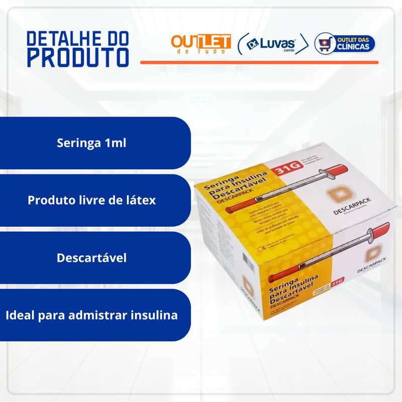 Seringa De Insulina Com Agulha Fixa 1ml 6x0,25mm 10un - Descarpack