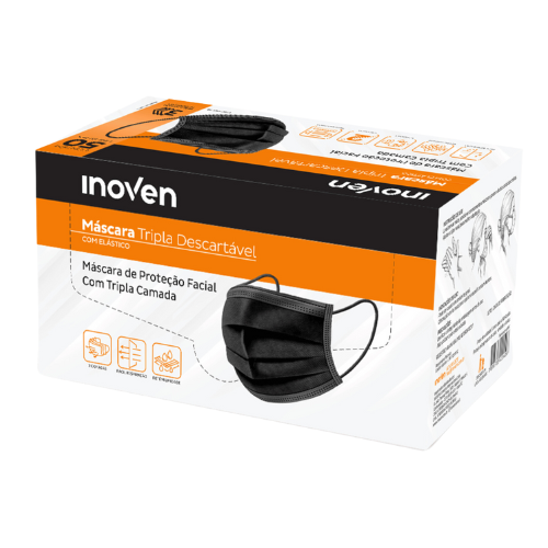 Máscara Cirúrgica Tripla Preta Com Elástico 50un - Inoven