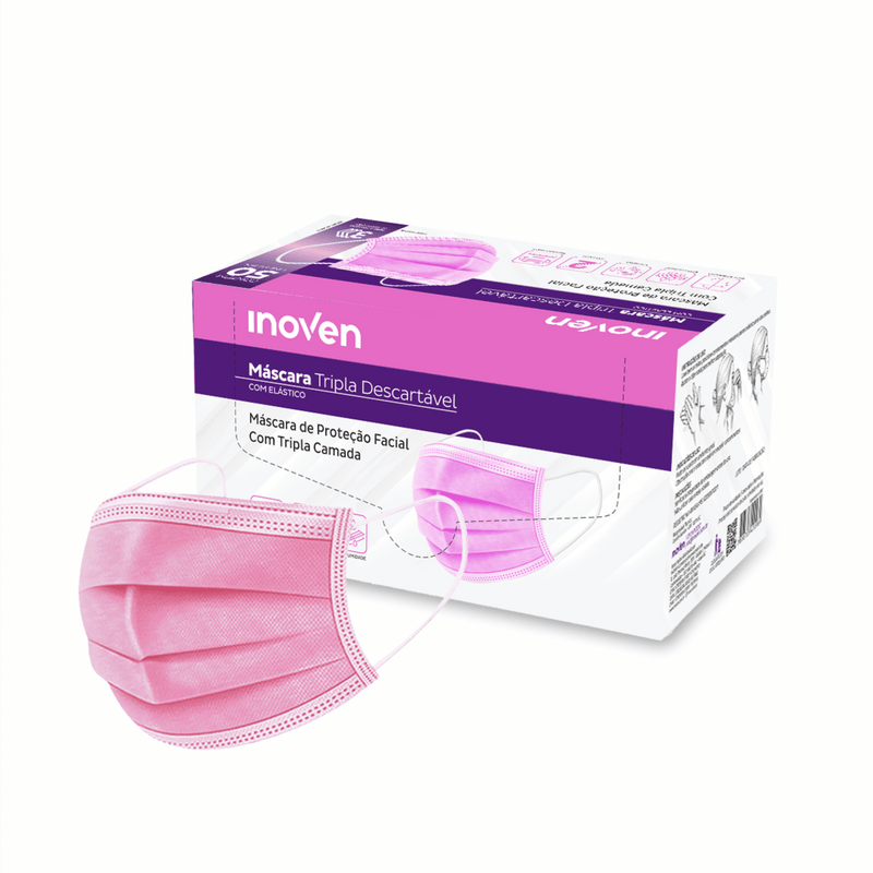Máscara Cirúrgica Tripla Rosa Com Elástico 50un - Inoven
