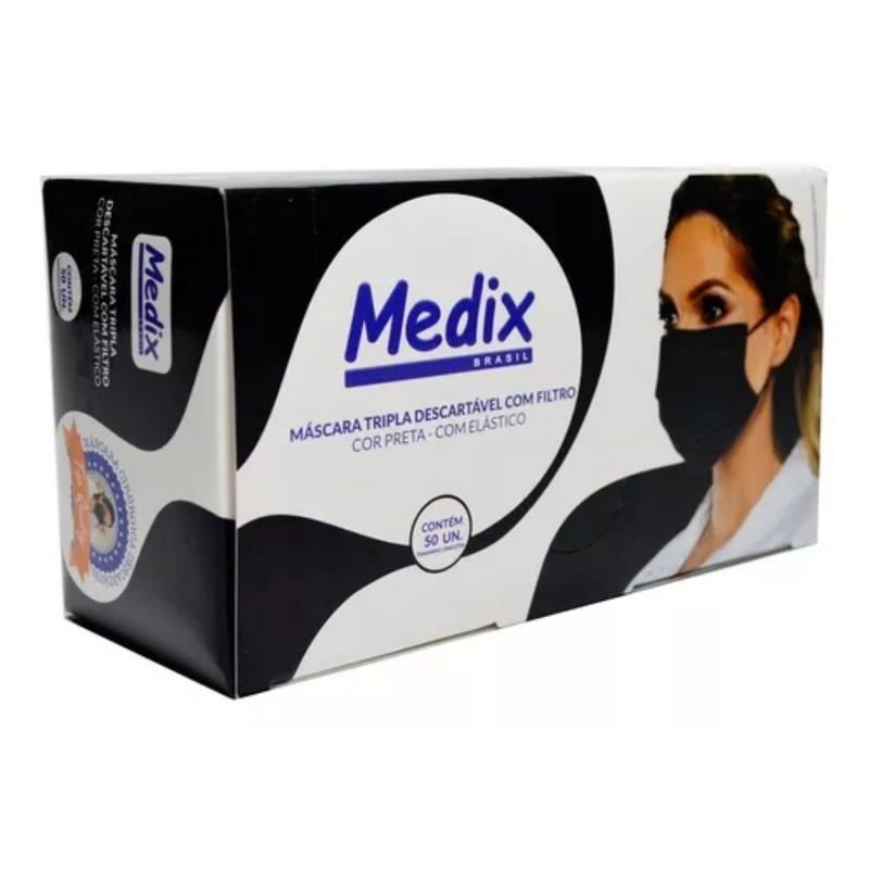 Máscara Cirúrgica Tripla Preta Com Elástico 50un - Medix