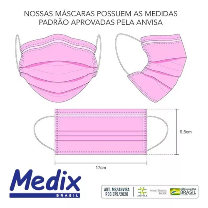 Máscara Cirúrgica Tripla Rosa Com Elástico 50un - Medix