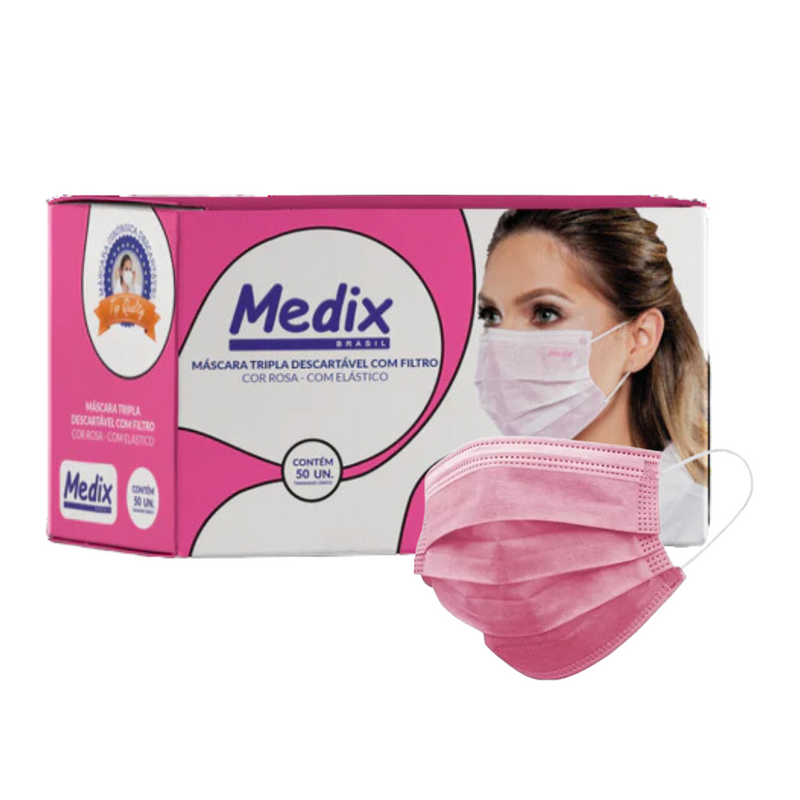 Máscara Cirúrgica Tripla Rosa Com Elástico 50un - Medix