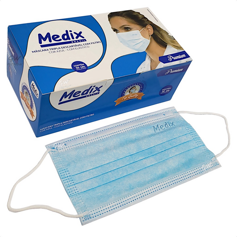 Máscara Cirúrgica Tripla Azul Com Elástico 50un - Medix