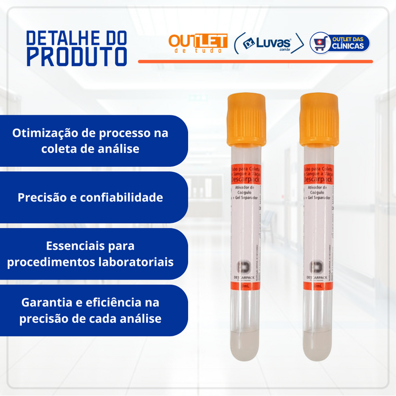 Tubo Para Coleta de Sangue Soro Gel 5ml Amarelo Ouro 100un - Descarpack