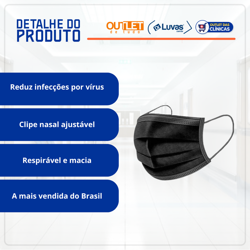Máscara Cirúrgica Tripla Preta Com Elástico 50un - Medix