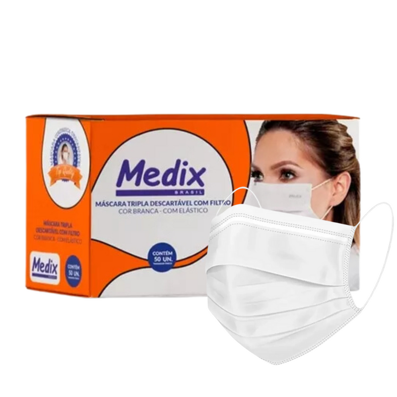 Máscara Cirúrgica Tripla Branca Com Elástico 50un - Medix