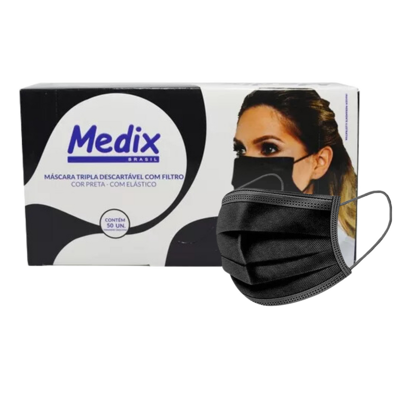 Máscara Cirúrgica Tripla Preta Com Elástico 50un - Medix
