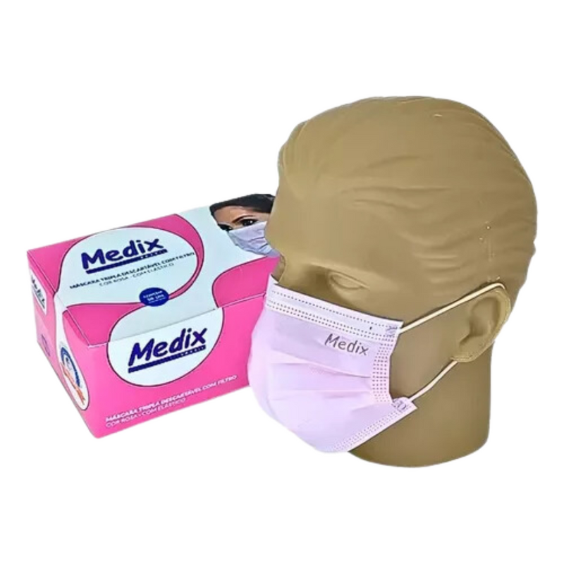 Máscara Cirúrgica Tripla Rosa Com Elástico 50un - Medix