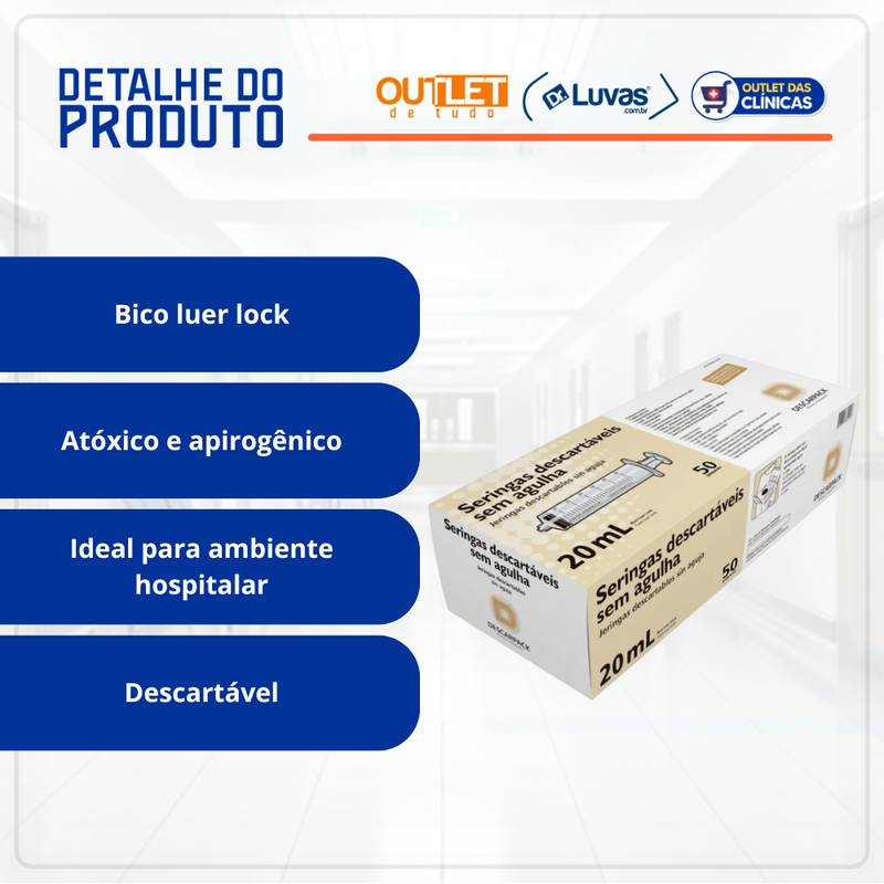 Seringa Descartável 20ml Luer Lock 50un - Descarpack