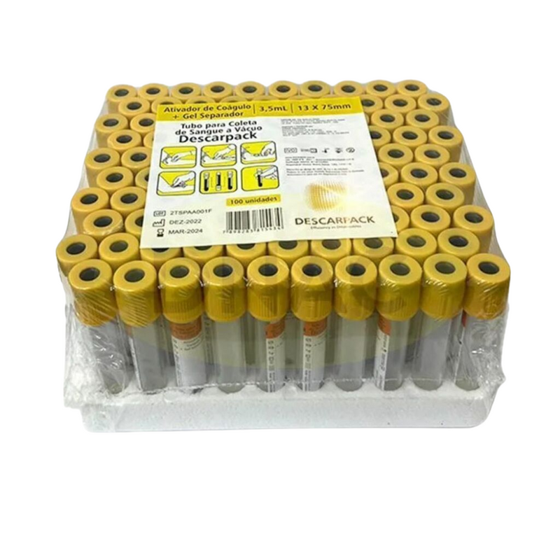 Tubo Para Coleta de Sangue Soro Gel 5ml Amarelo Ouro 100un - Descarpack