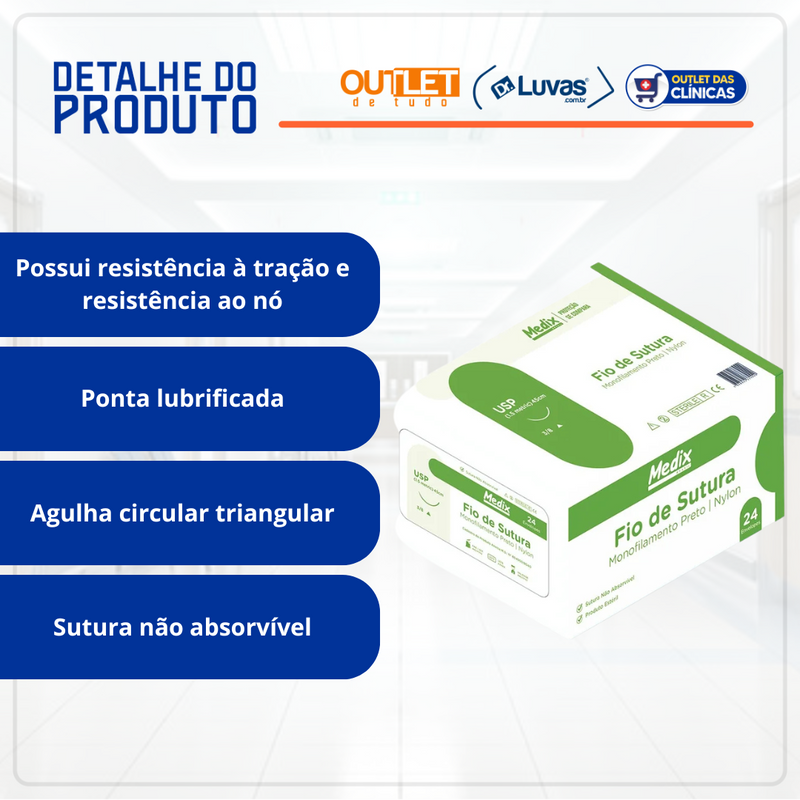 Fio De Sutura Nylon 4-0 Com Agulha Curva 30mm 24un - Medix