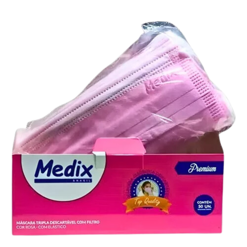 Máscara Cirúrgica Tripla Rosa Com Elástico 50un - Medix