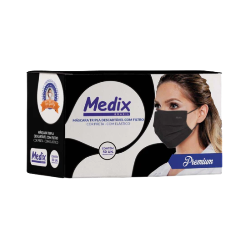 Máscara Cirúrgica Tripla Preta Com Elástico 50un - Medix