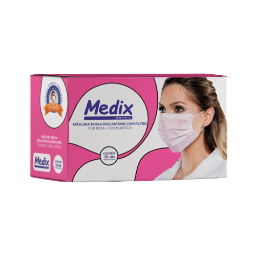 Máscara Cirúrgica Tripla Rosa Com Elástico 50un - Medix