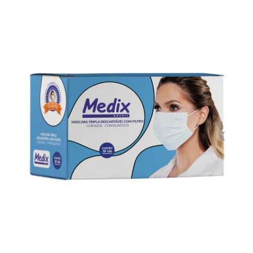 Máscara Cirúrgica Tripla Azul Com Elástico 50un - Medix