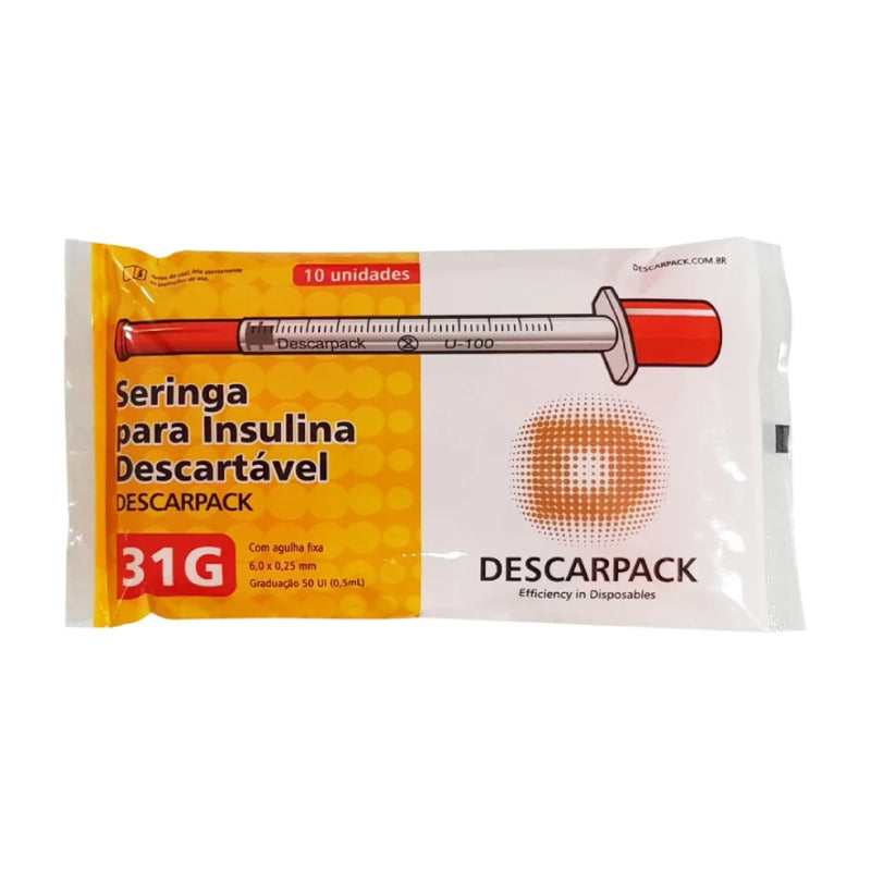 Seringa De Insulina Com Agulha Fixa 0,5ml 6x0,25mm 10un - Descarpack